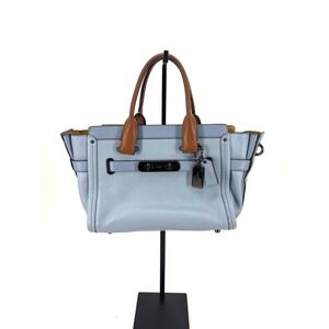 Coach Swagger 27 Pebble Leather Satchel Light Blue Brown Yellow Colorblock Bag